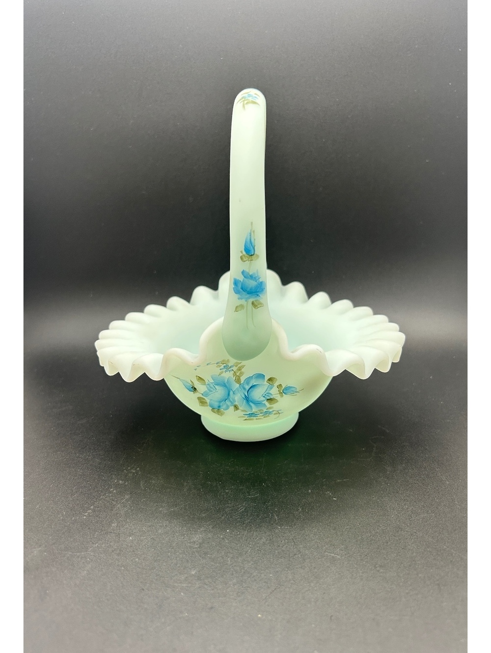 Fenton Light Blue Satin Ruffled Hand Painted Basket